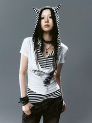 【Cest Nous】Striped Cat-Ear Top / 【セヌー】ボーダーレイヤードキャットイヤー半袖Tシャツ