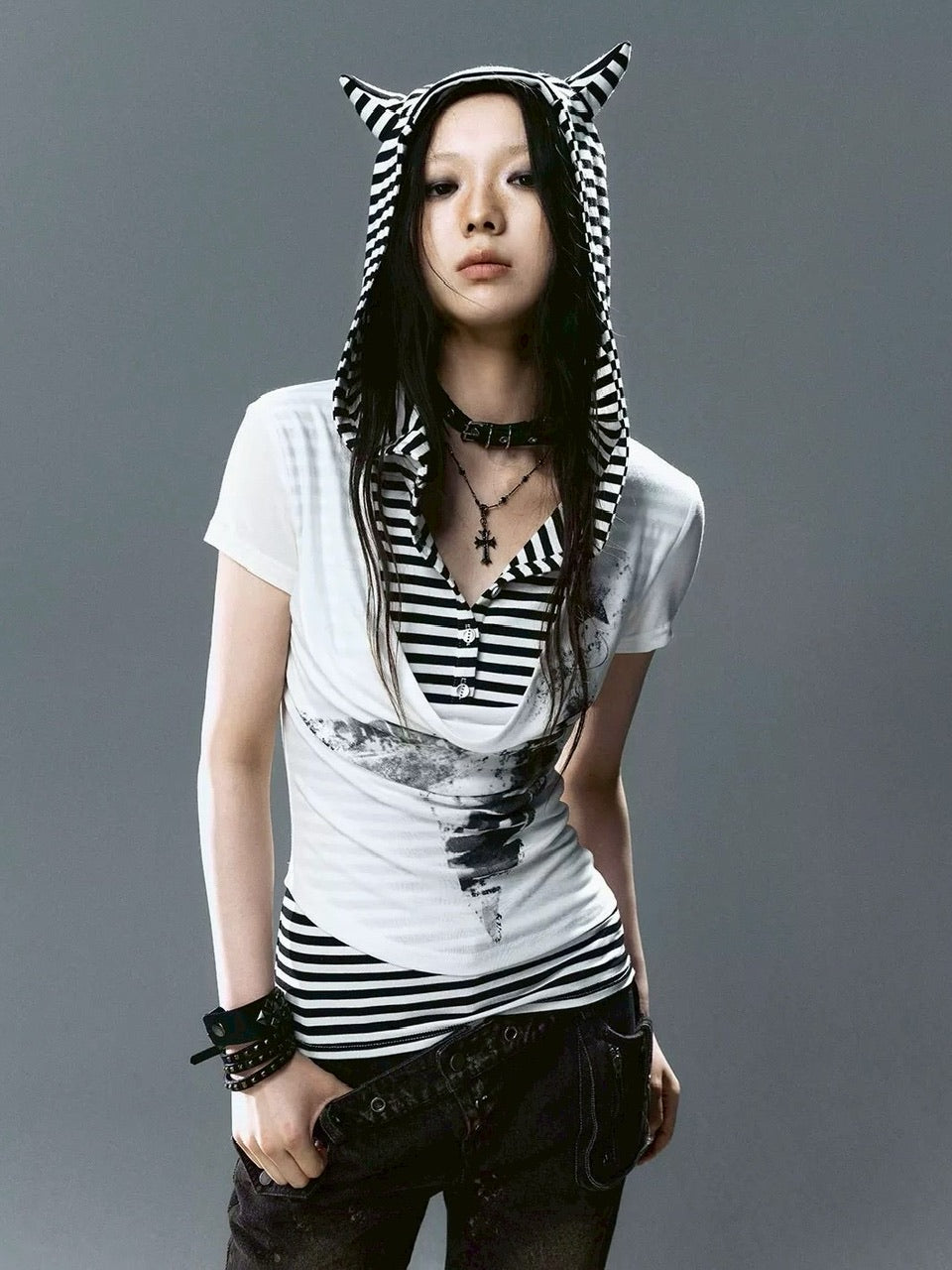 【Cest Nous】Striped Cat-Ear Top / 【セヌー】ボーダーレイヤードキャットイヤー半袖Tシャツ