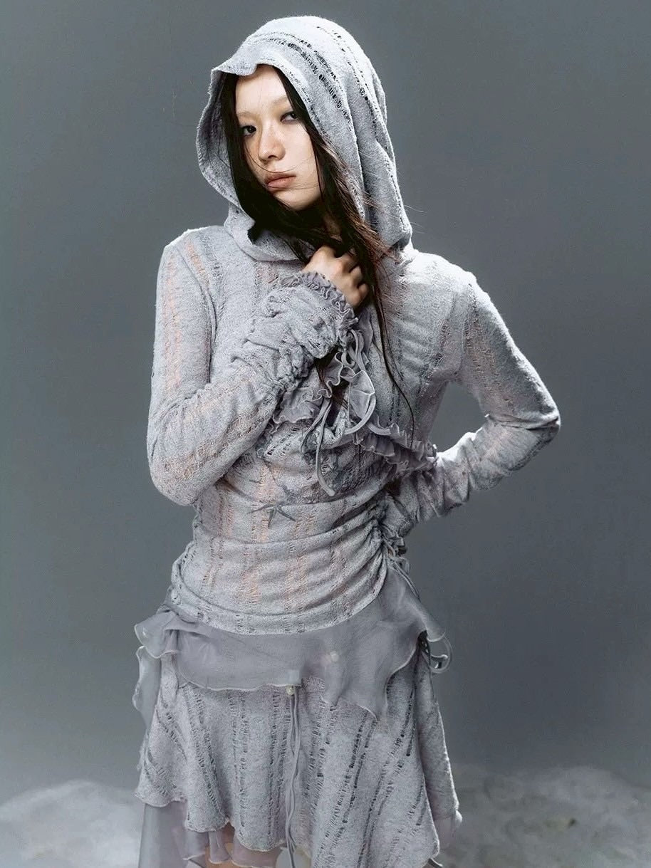 【Cest Nous】Misty Blue Cardigan / 【セヌー】フードフリルシースルーカーディガン