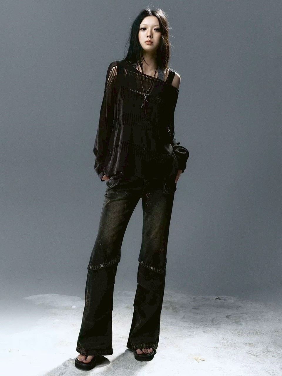 【Cest Nous】Knit Cover-Up / 【セヌー】シースルーボーダーサマーニット長袖Tシャツ