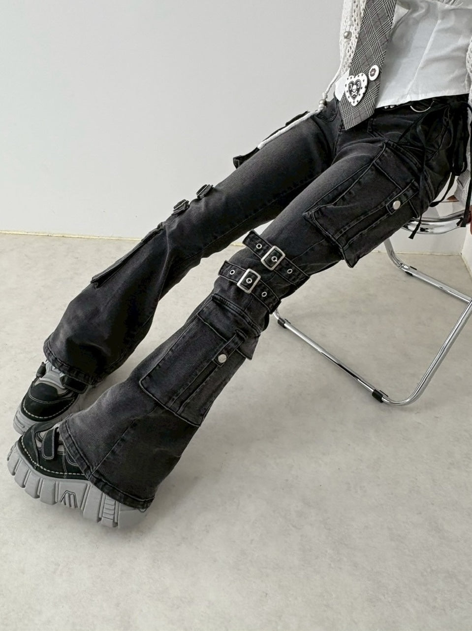 【NMTXU】flare cargo denim pants / 【エヌエムティーエックスユー】ウォッシュドフレアカーゴデニムパンツ