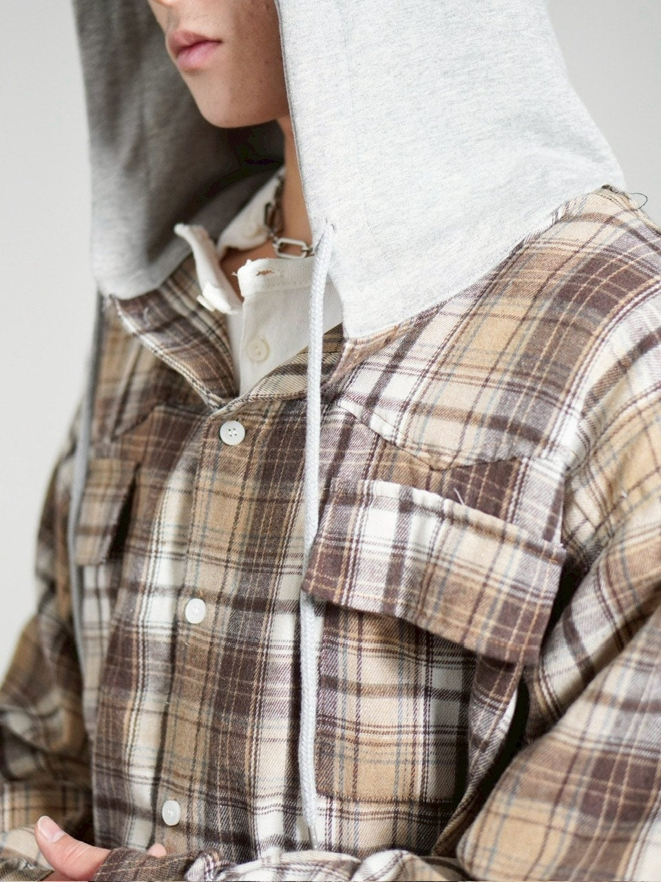 受注制【Chikashitsu +】hood mix check hoodie / 【チカシツプラス】フードミックスチェックパーカー (3color)