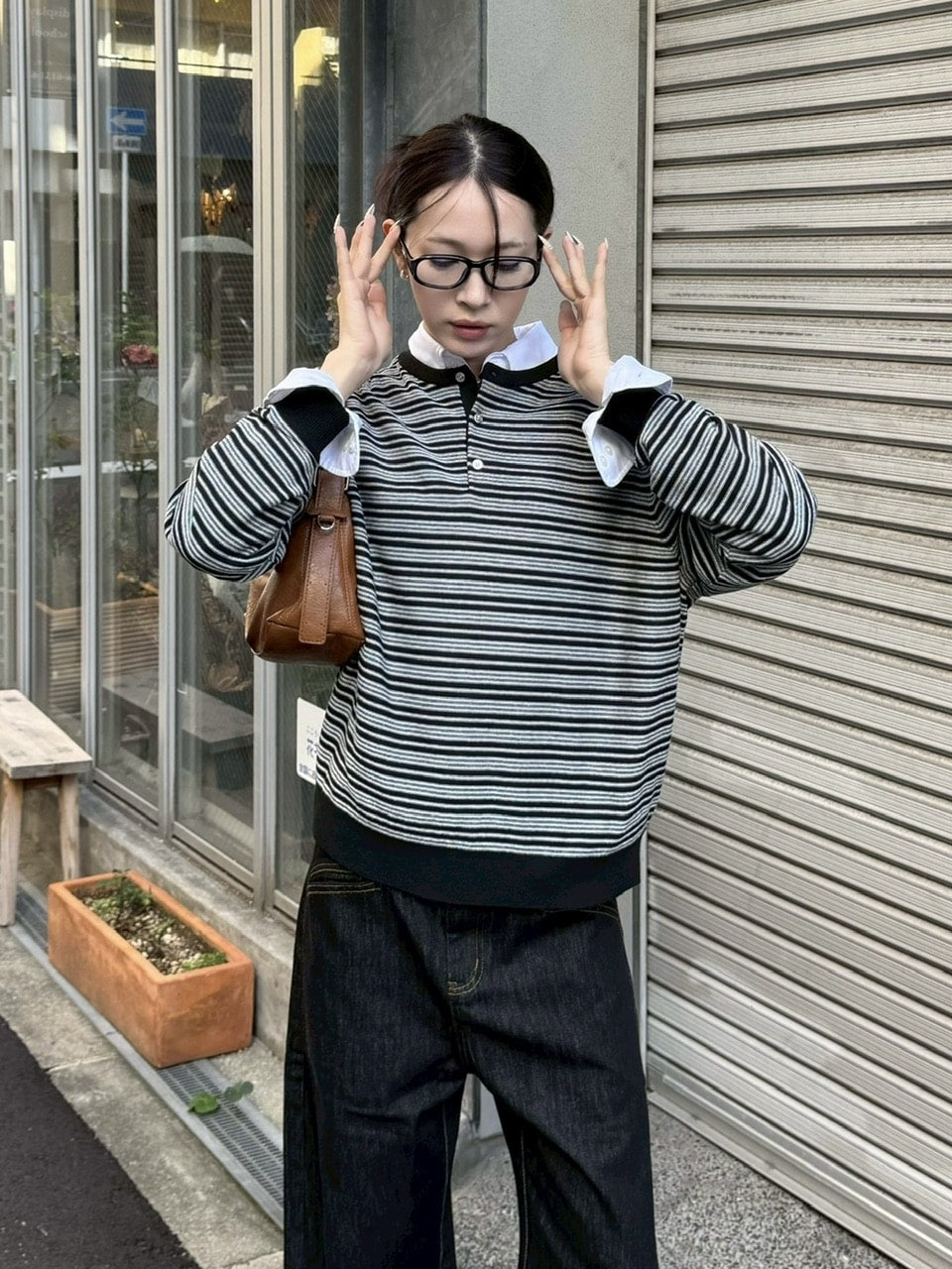 受注制【Chikashitsu +】cropped henry neck border knit / 【チカシツプラス】クロップドヘンリーネックボーダーニット (3color)