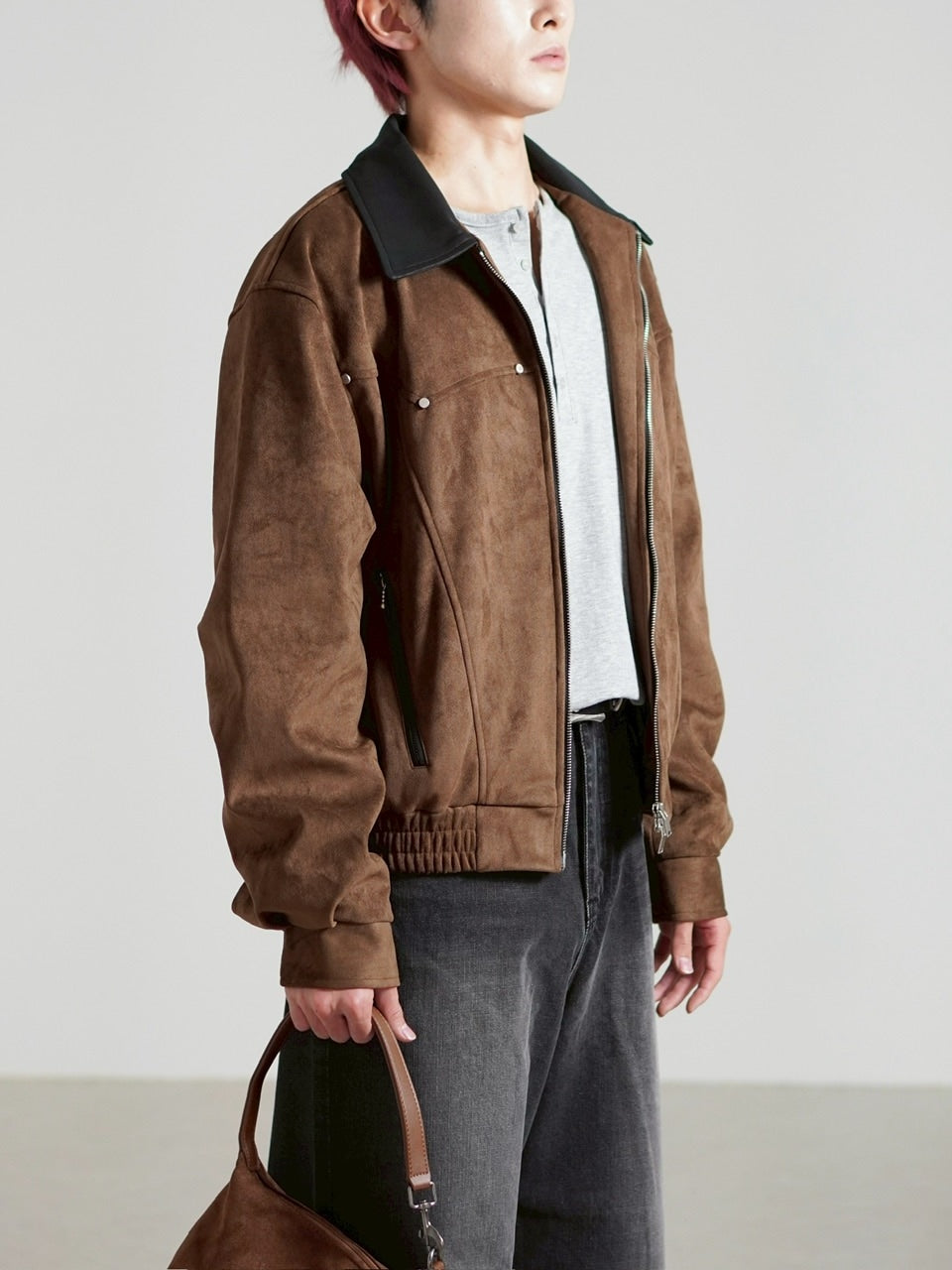 【Chikashitsu +】suede contrast collar jacket / 【チカシツプラス】スエードコントラストカラージャケット (2color)