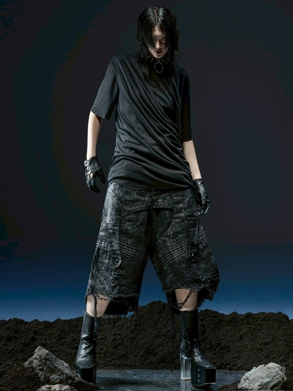 1/2 20:00再販【RICH】Knight Wide Waxed Short Pants/ 【リッチ】デザインデニムダメージハーフパンツ