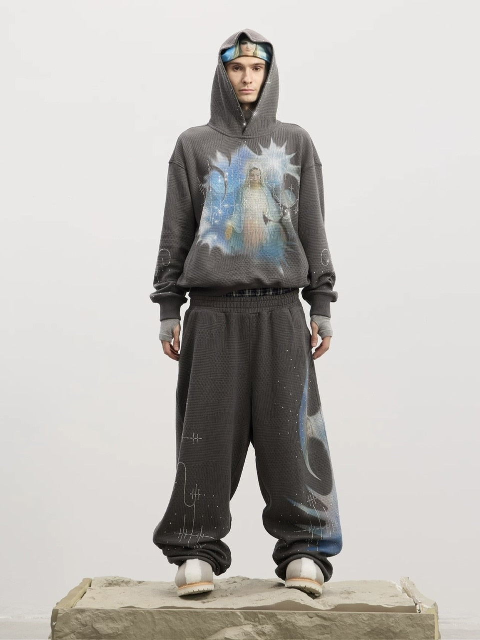 【DND4DES】Saint-M?・re De R?・ches Double-Waist Sweatpants /【ディーエヌディーフォーデス】ダブルウエストラインストーンスウェットパンツ