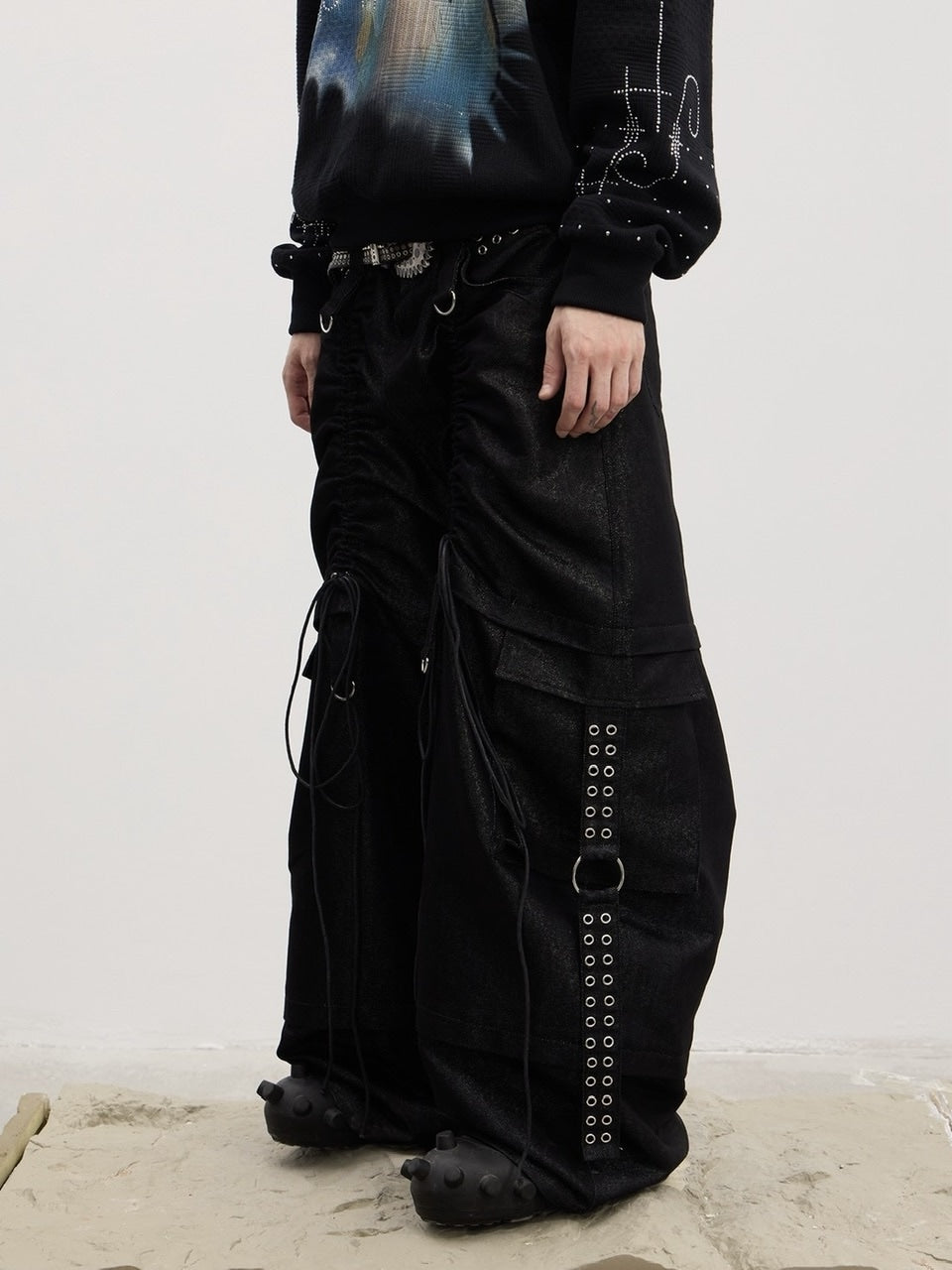 【DND4DES】Drawn Silver Silk Sharp Dance Pants /【ディーエヌディーフォーデス】ベルトシャーリングデニムパンツ