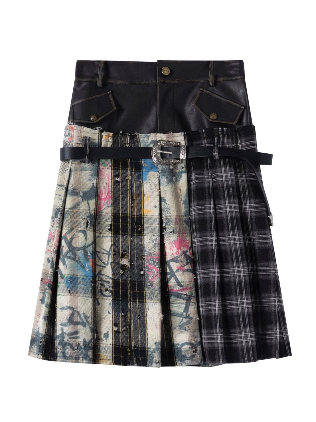 【Cest Nous】Plaid Pleated Skirt / 【セヌー】レイヤードデザインベルトプリーツスカート