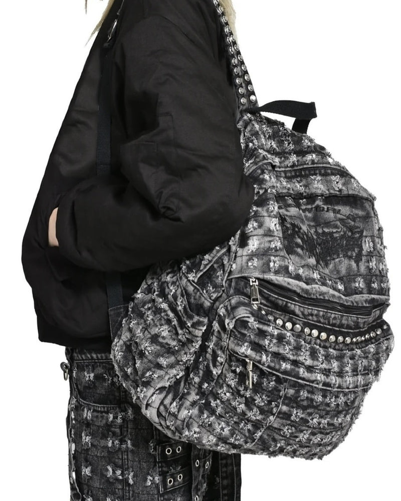 【Reckless Scholars】CAMMO TRASHED STUDDED BACKPACK / 【レックレス スカラーズ】トラッシュスタッズバックパック