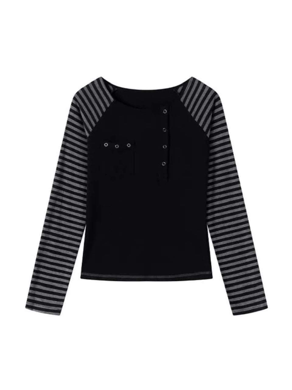 【Cest Nous】Asymmetric henley neck top / 【セヌー】ボーダースリーブ長袖Ｔシャツ