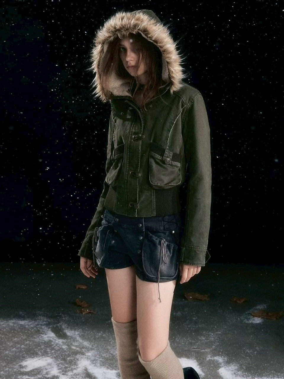 【Cest Nous】Military green washed jacket / 【セヌー】ファーフードミリタリージャケット