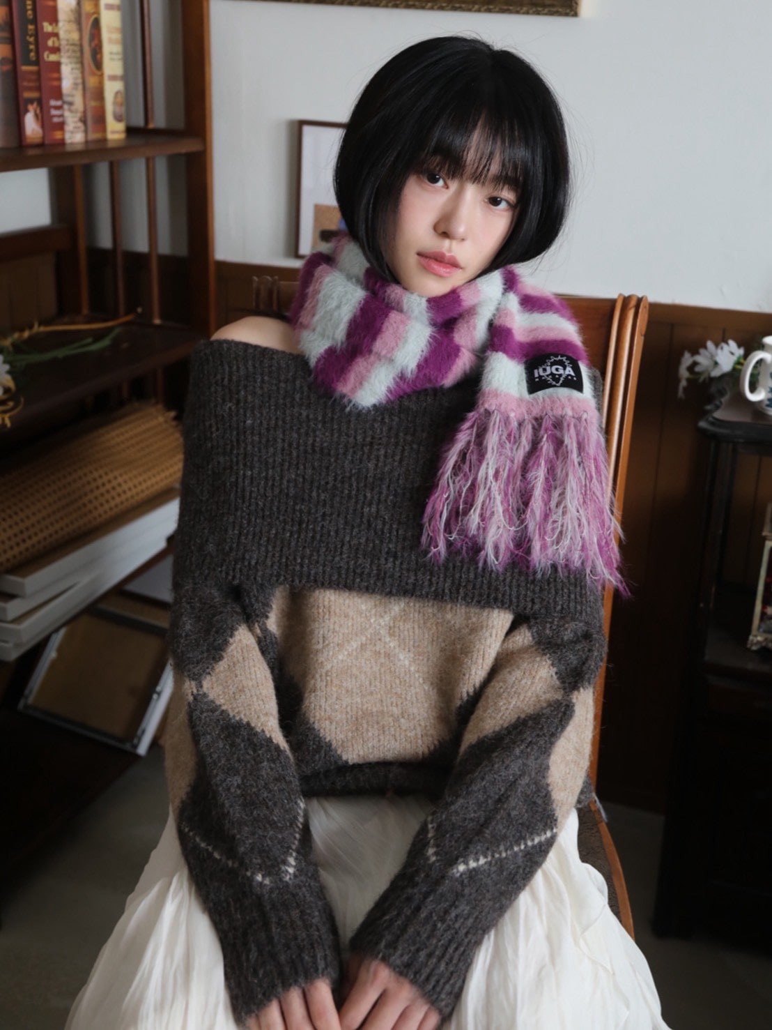 【IUGAMAKARAS】Striped Hairy Bold Muffler