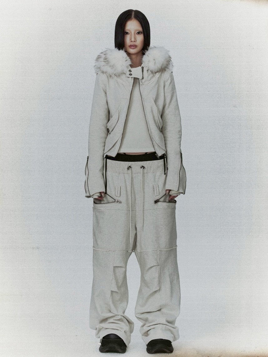 【bonienkiye】Distressed Seam Fur Hood Zip-Up