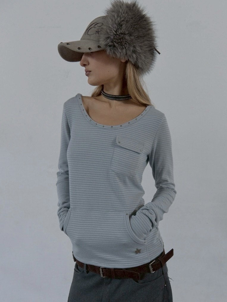 【SETUP‐EXE】SOFT STRIPE HOODIE TOP / 【セットアップエグゼ】ボーダーフード長袖Tシャツ