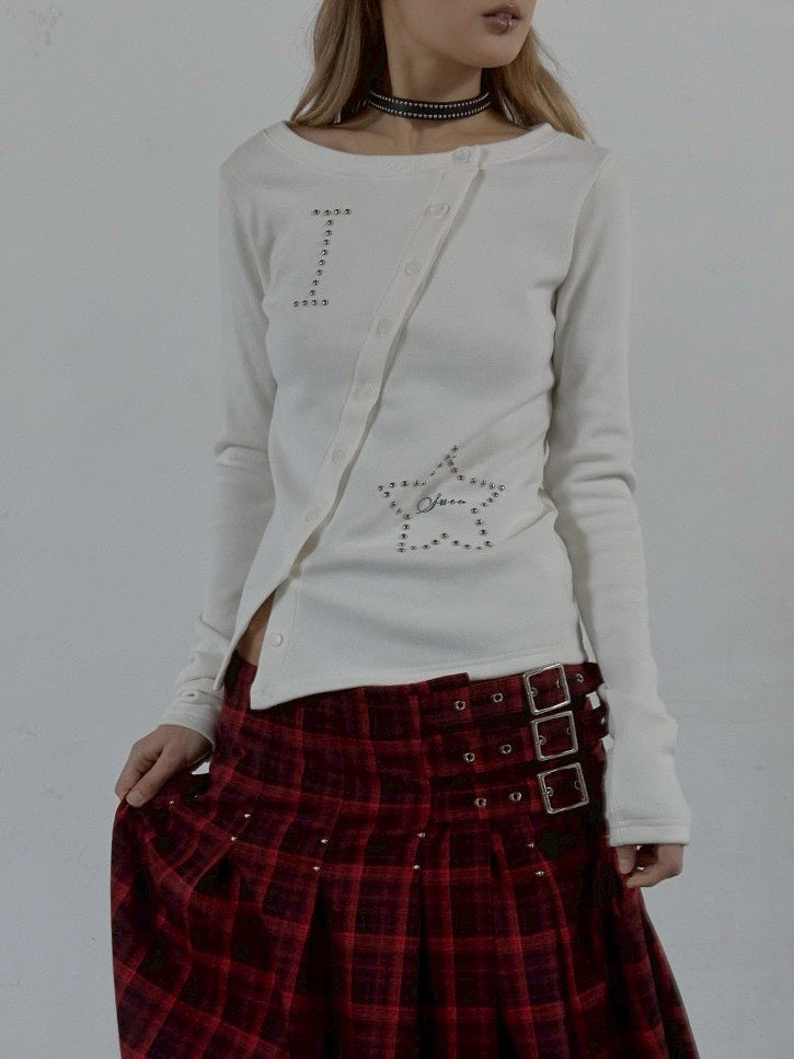 【SETUP‐EXE】STAR BUTTON TOP / 【セットアップエグゼ】ラインストーンボタン長袖Tシャツ