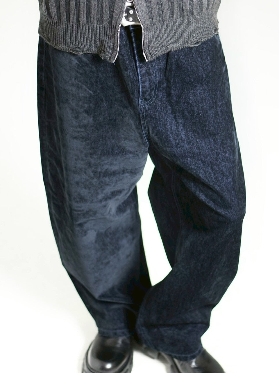 受注制【Chikashitsu +】velvet touch buggy denim pants / 【チカシツプラス】ベルベットタッチバギーデニムパンツ (2color)