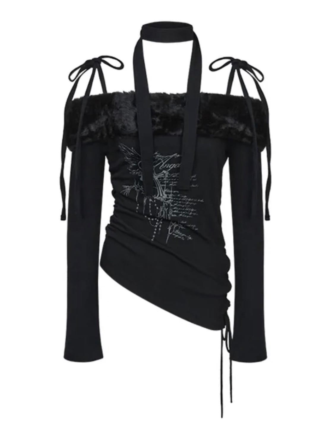 【NOT KNOWING】Fur Off Shoulder Lace Up Top