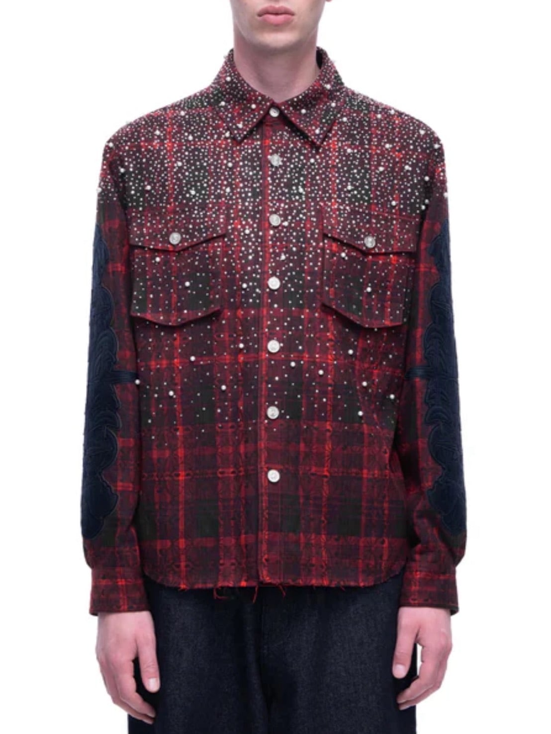 【The Boy Has No Patience】TBHNP LUMINOUS DAWN RHINESTONE PEARL BAT PATTERN L-S SHIRT / 【ザボーイハズノーペーシェンス】ラインストーンチェックシャツ