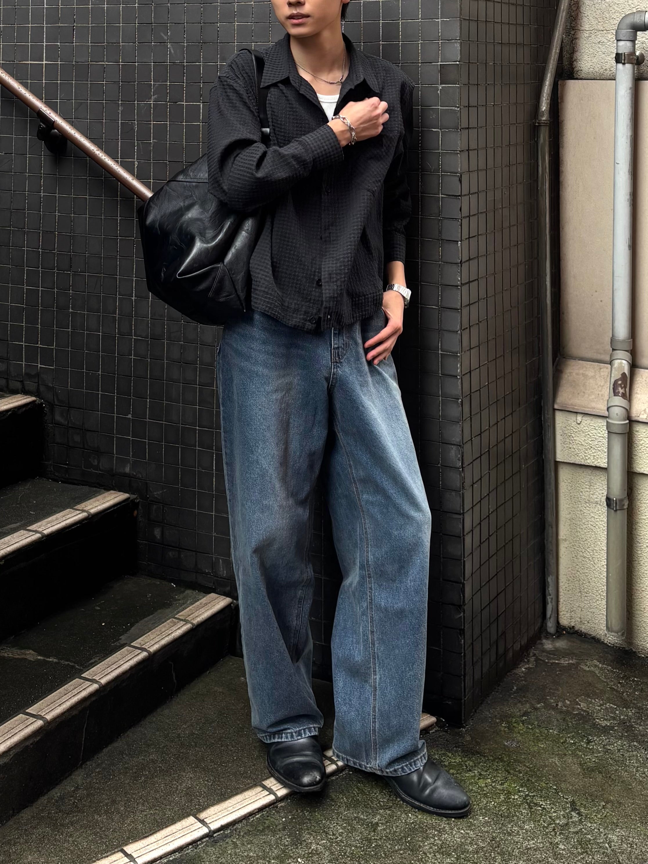 東京店WEB限定受注制【Chikashitsu +】washed wide straight denim pants (2color)