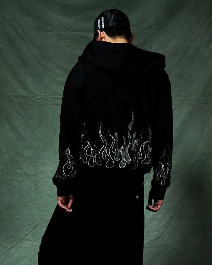 【SUPPLIER】Fire Pattern Rhinestone Zip Hoodie