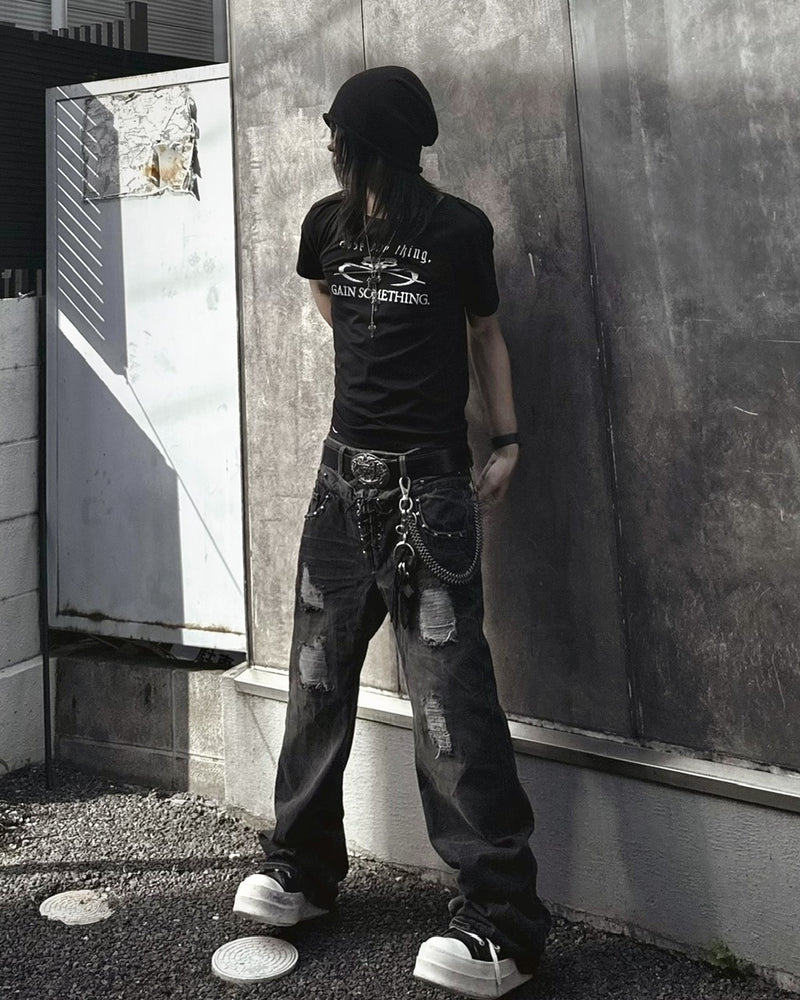 国際配送【Never mind the XU】Double waist  laceup flare denim pants