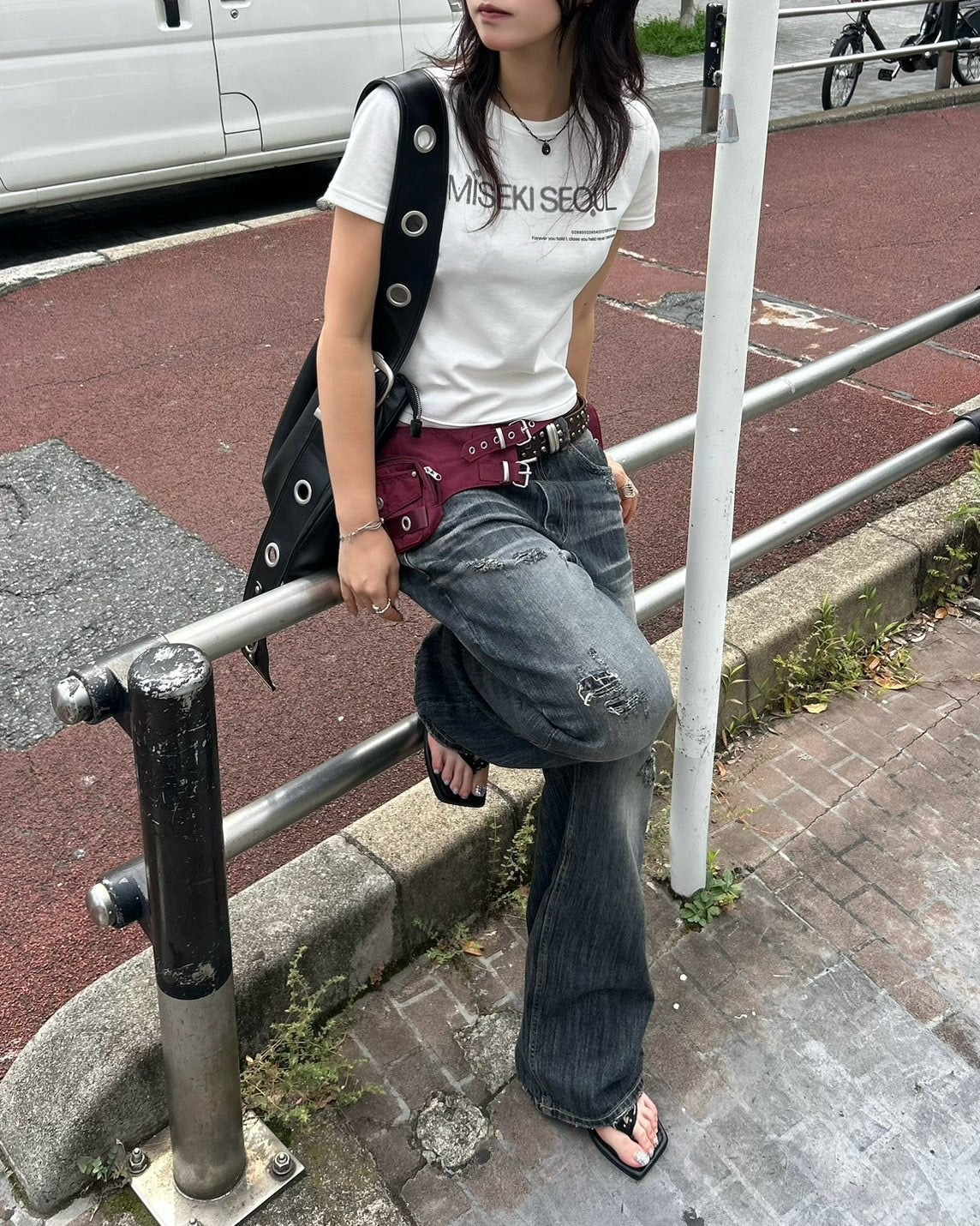 受注制【OaKS】faded wide-leg denim pants