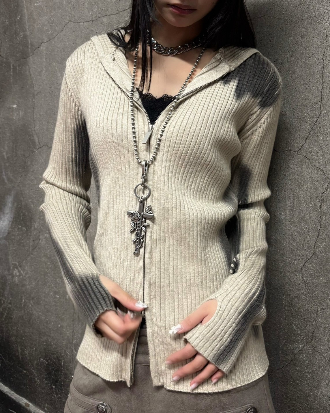 受注制【Never mind the XU】SPRAY WASH ZIP KNIT HOODIE (2color)