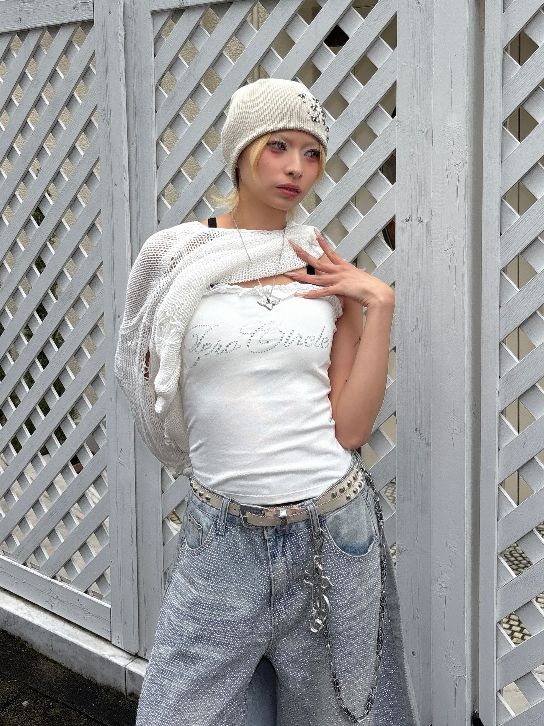 国際配送【Never mind the XU】rhinestone race camisole