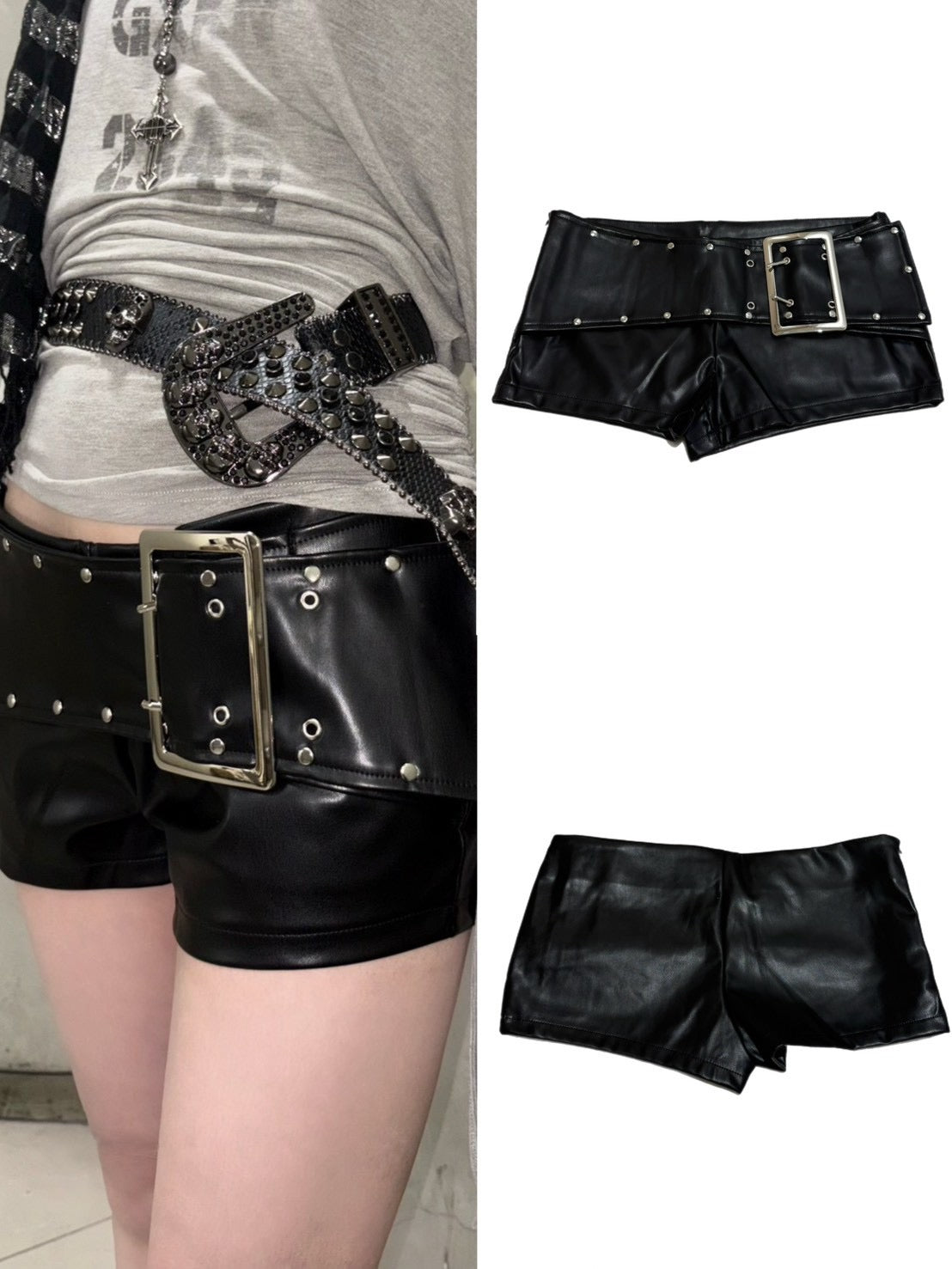 国際配送【BABY09】Buckle Faux Leather Micro Shorts