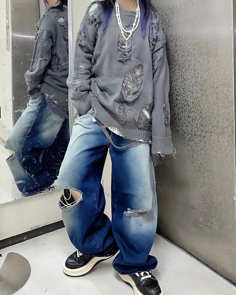 受注制【Never mind the XU】vintage wash damage denim pants (2color)