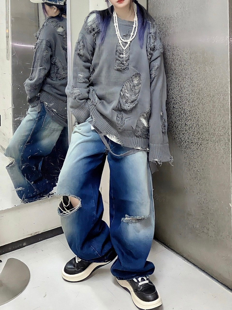 受注制【Never mind the XU】vintage wash damage denim pants (2color)