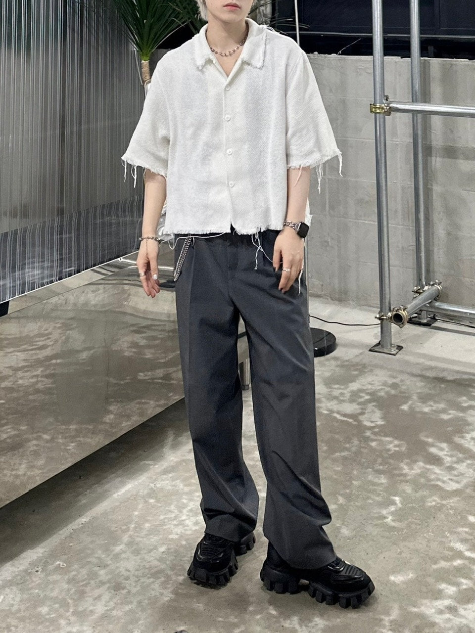 大阪店WEB限定受注制【Chikashitsu +】tweed cropped shirt (2color)