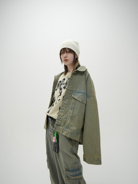 受注制【Never mind the XU】set up washed denim jacket (2color)