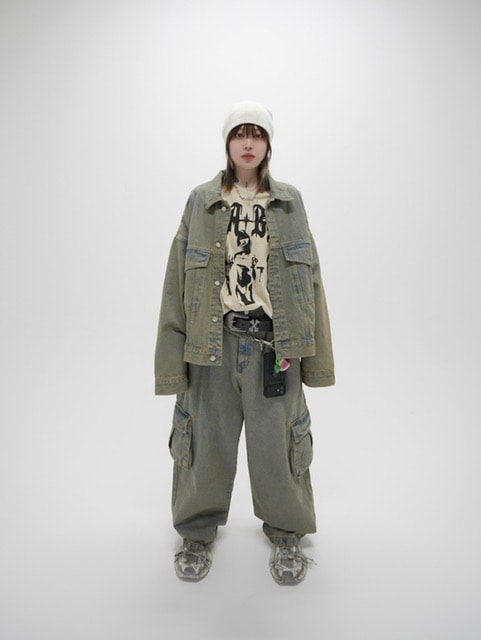 受注制【Never mind the XU】set up washed denim cargo pants (2color)