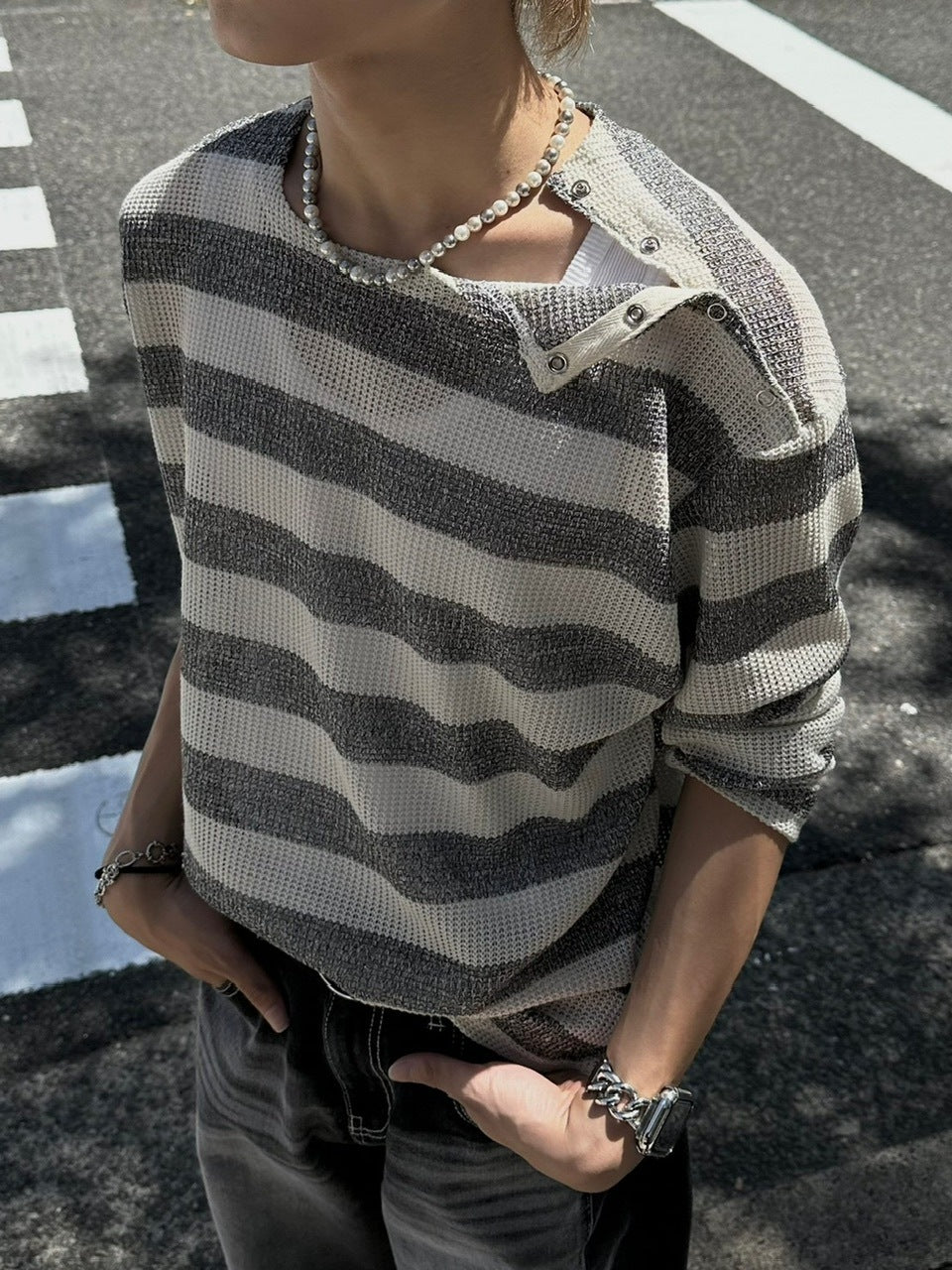 大阪店WEB限定受注制【Chikashitsu +】shoulder snap border knit (2color)