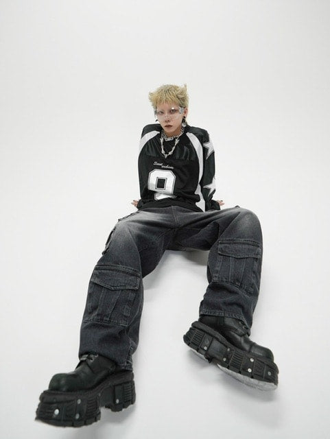 受注制【Never mind the XU】pocket cargo denim pants (2color) / 【ネバーマインドザエックスユー】ポケットカーゴワイドデニムパンツ