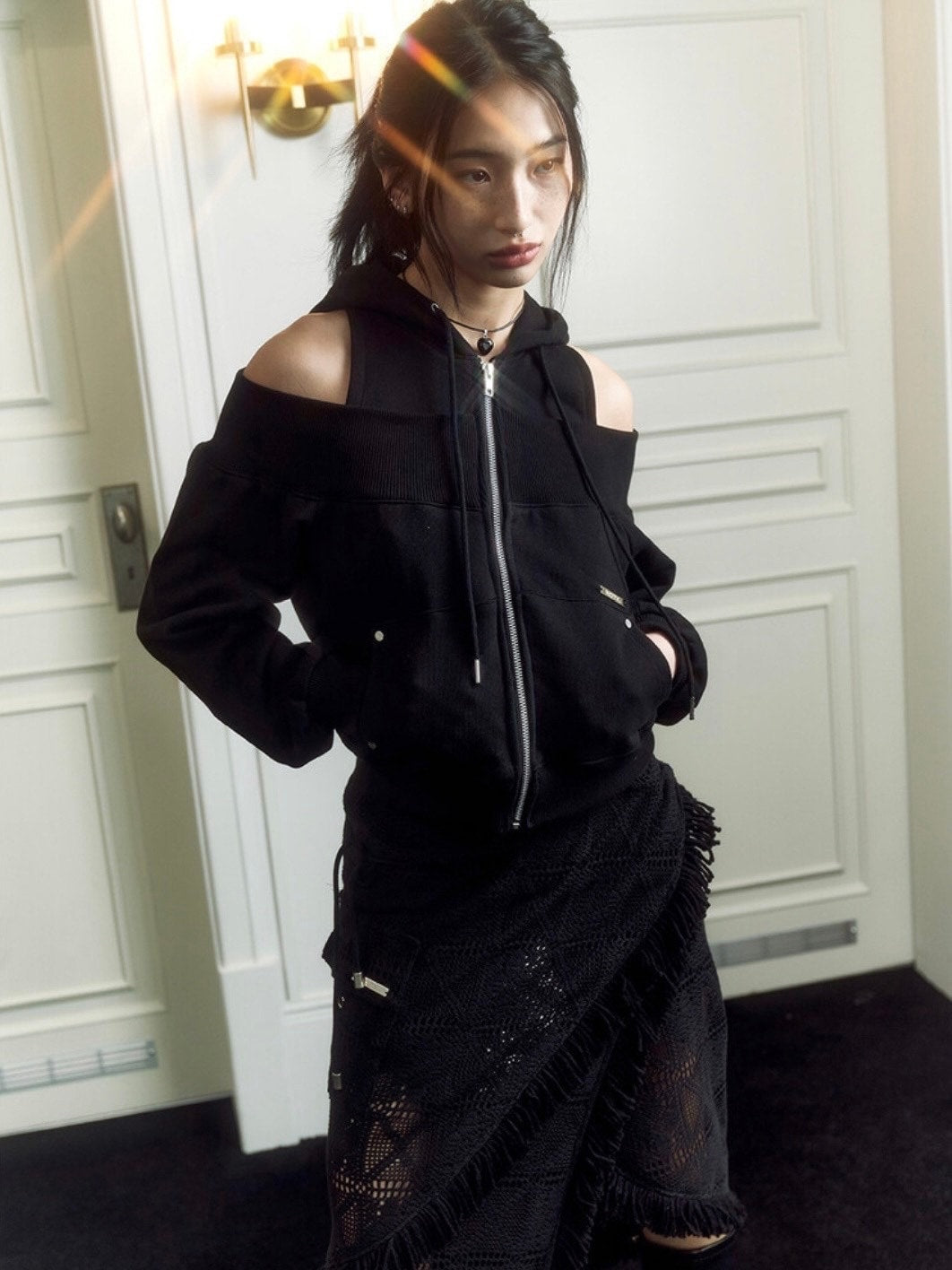 【NOT KNOWING】Open Shoulder Zip Up Hoodie / 【ノットノーイング】オープンショルダージップアップパーカー