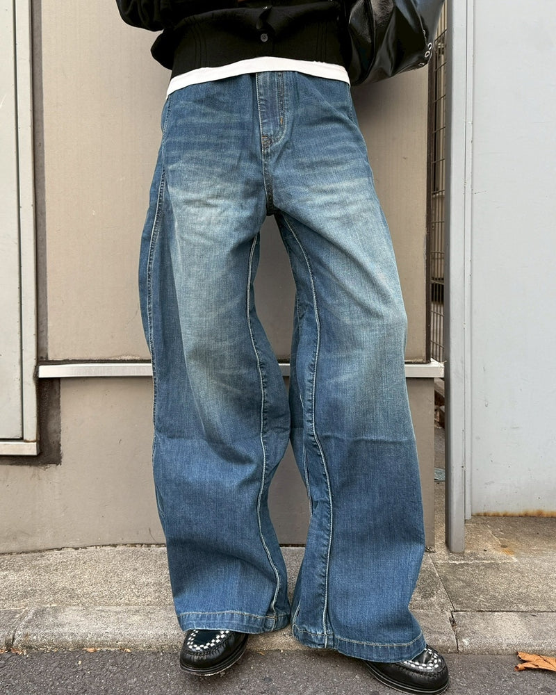 【Chikashitsu +】side wave design denim pants