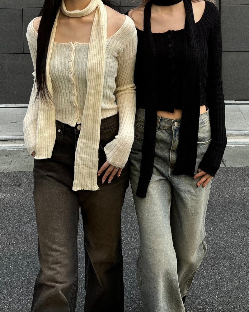 【Chikashitsu + LADIES】scarf set cropped knit tops (2color)