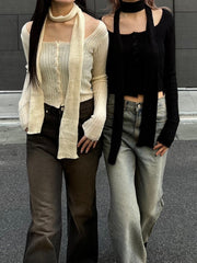 【Chikashitsu + LADIES】scarf set cropped knit tops (2color)