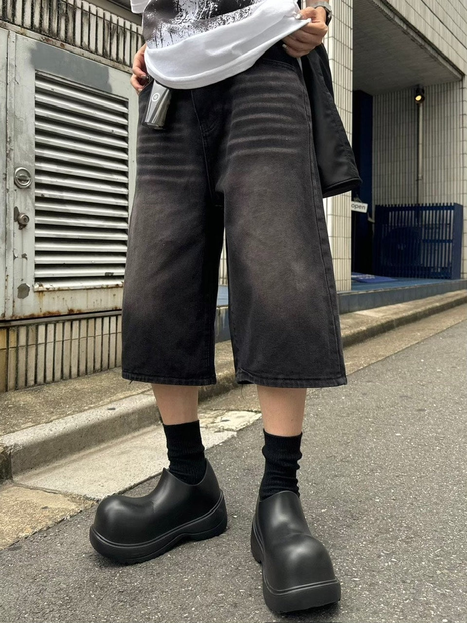 【Chikashitsu +】vintage wash wide denim half pants (2color)