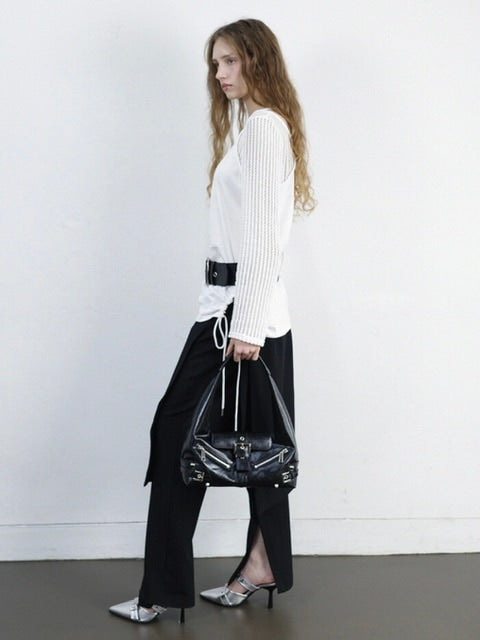 【NOT KNOWING】Net Sleeve Neck Strap O-Ring Top