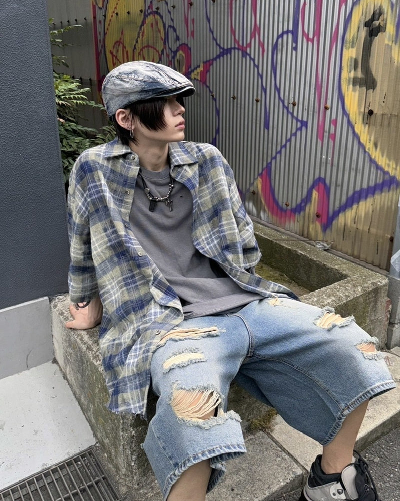 受注制【Never mind the XU】damage denim shorts 2 (2color)