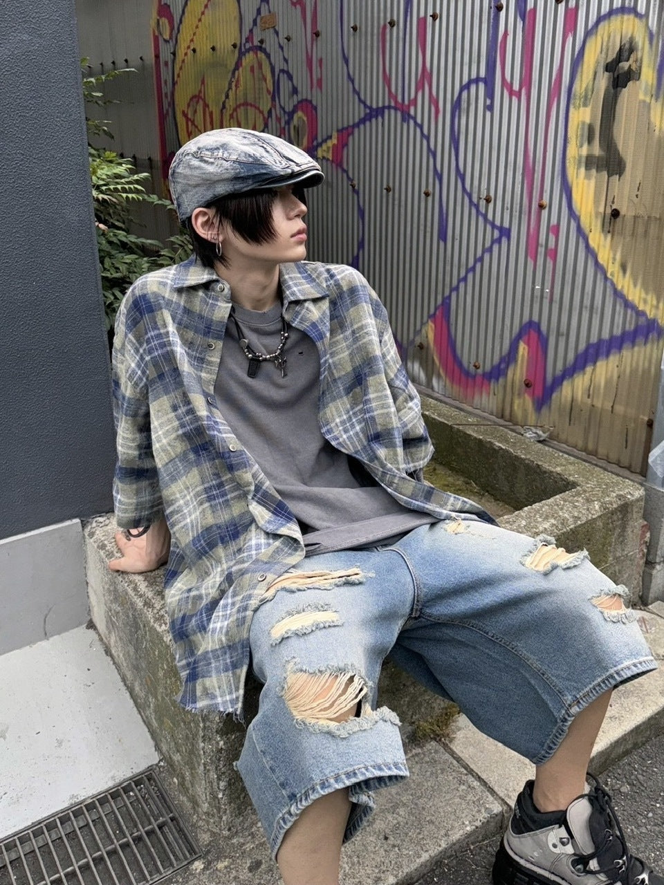受注制【Never mind the XU】damage denim shorts 2 (2color)