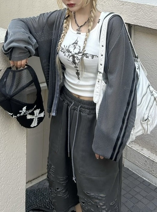 受注制【Never mind the XU】pigment track mesh zip hoodie (2color)