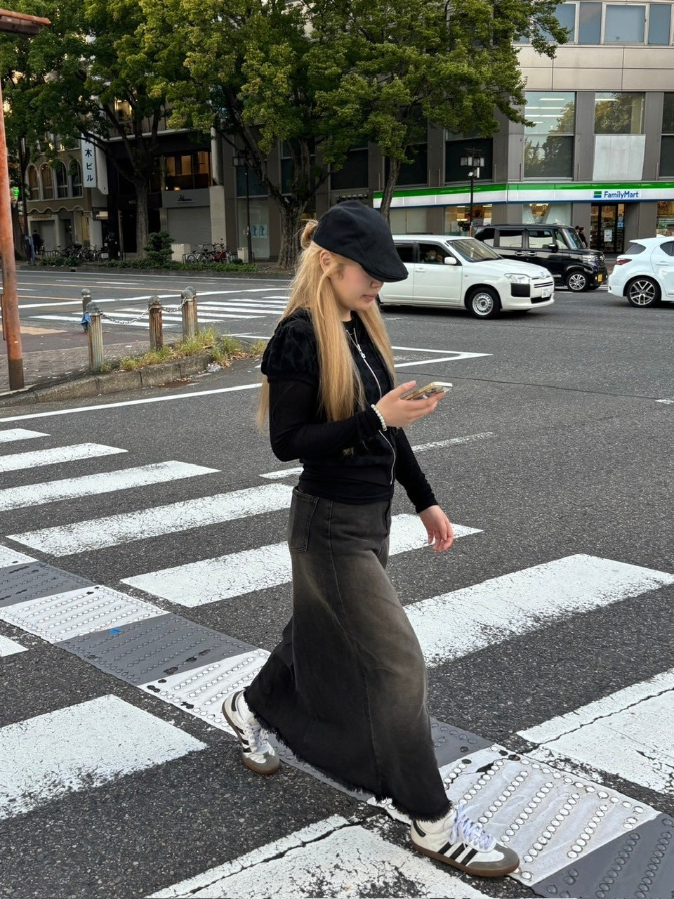 受注制【oaks】vintage wash denim maxi skirt (2color)