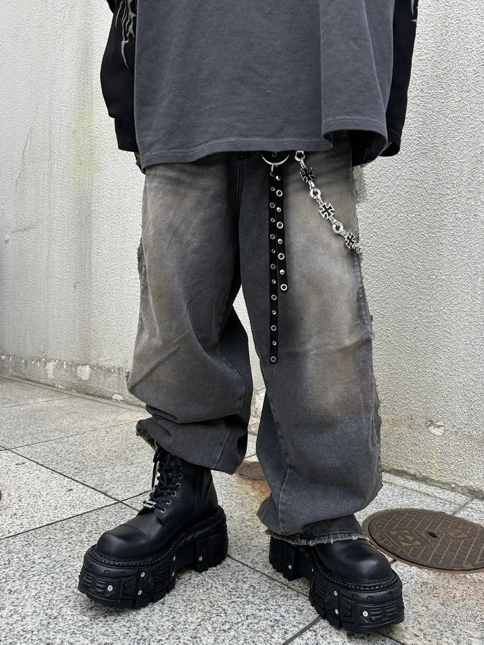 受注制【Never mind the XU】camouflage side damage denim pants (2color) / 【ネバーマインドザエックスユー】カモフラージュサイドダメージワイドデニムパンツ