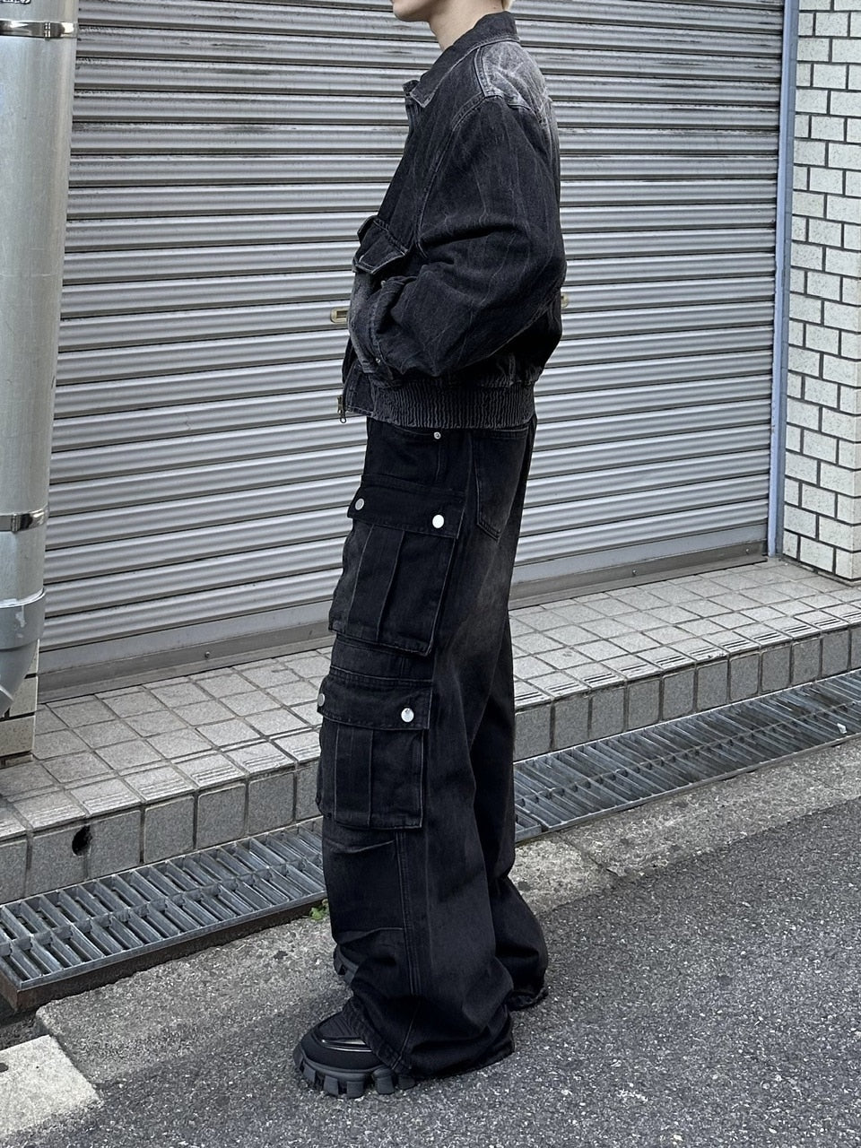 大阪店WEB限定受注制【Chikashitsu +】vintage wash cropped denim jacket (black)