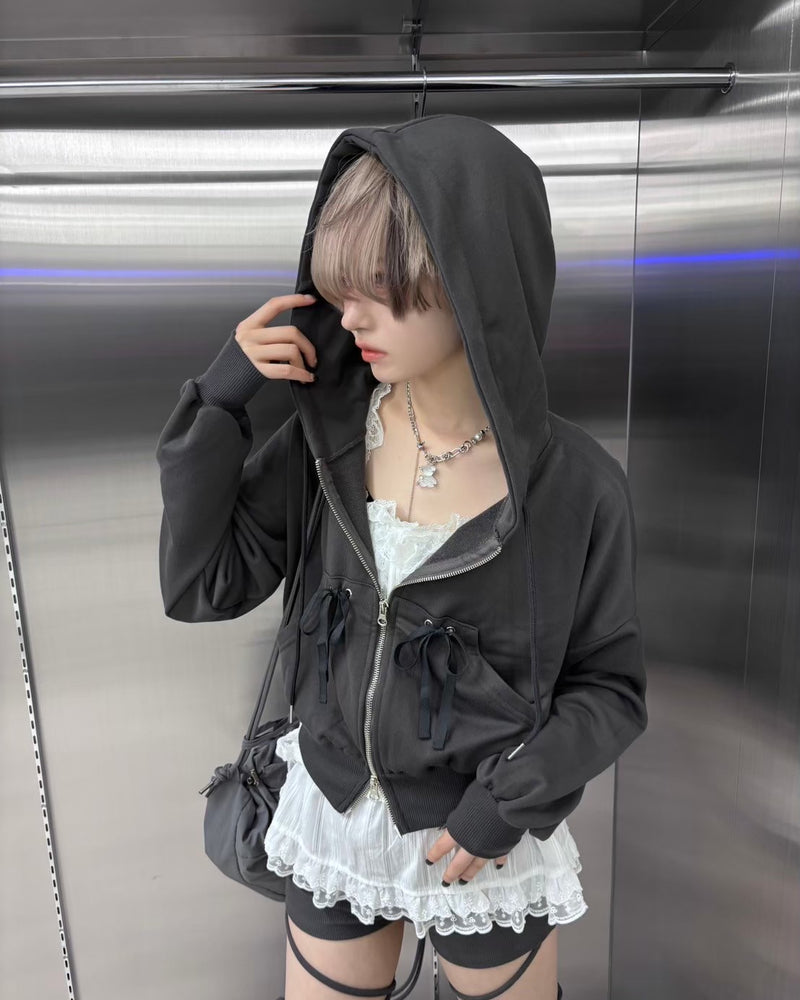 受注制【nmtc +】ribbon crop zip up hoodie (3color)