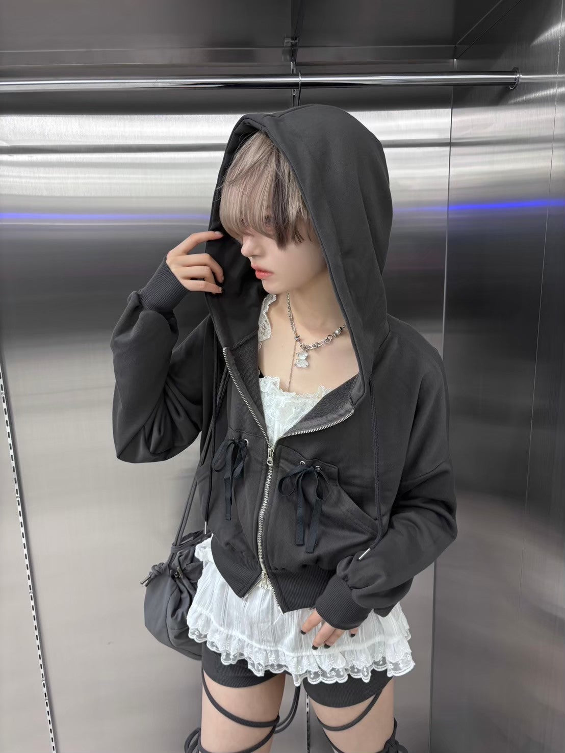 受注制【nmtc +】ribbon crop zip up hoodie (3color)
